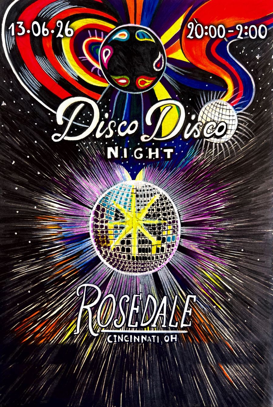 hand-drawn flyer for disco disco night, june 13 2026